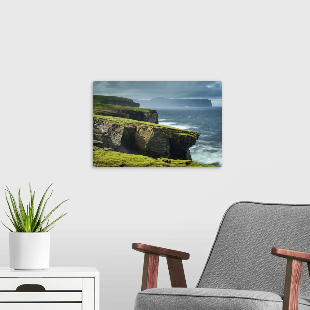 A modern room featuring Dramatic cliffs on the wild west coast or Mainland, Orkney Islands, Scotland. Autumn (September) ...