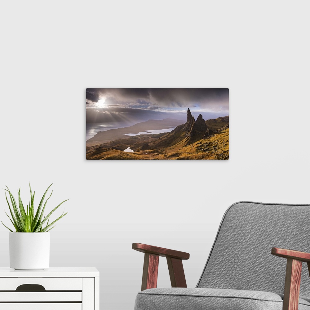 A modern room featuring Dramatic light on the Old Man of Storr, Isle of Skye, Scotland. Autumn (November)