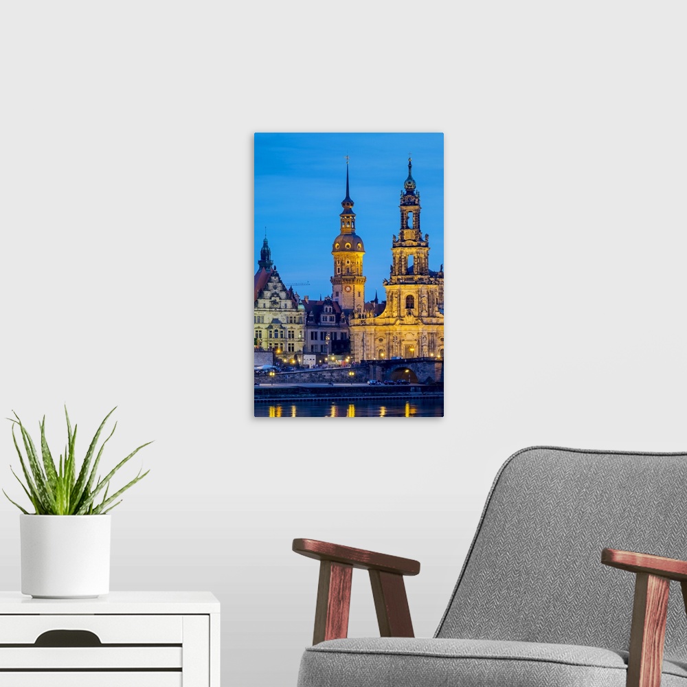A modern room featuring Germany, Saxony, Dresden, Altstadt (Old Town). Dresden skyline, historic buildings along the Elbe...