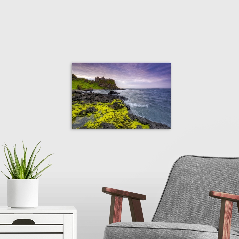 A modern room featuring Ruins of Dunluce castle at sunset, Portrush, Bushmills, Giant's causeway, Causeway coastel route,...