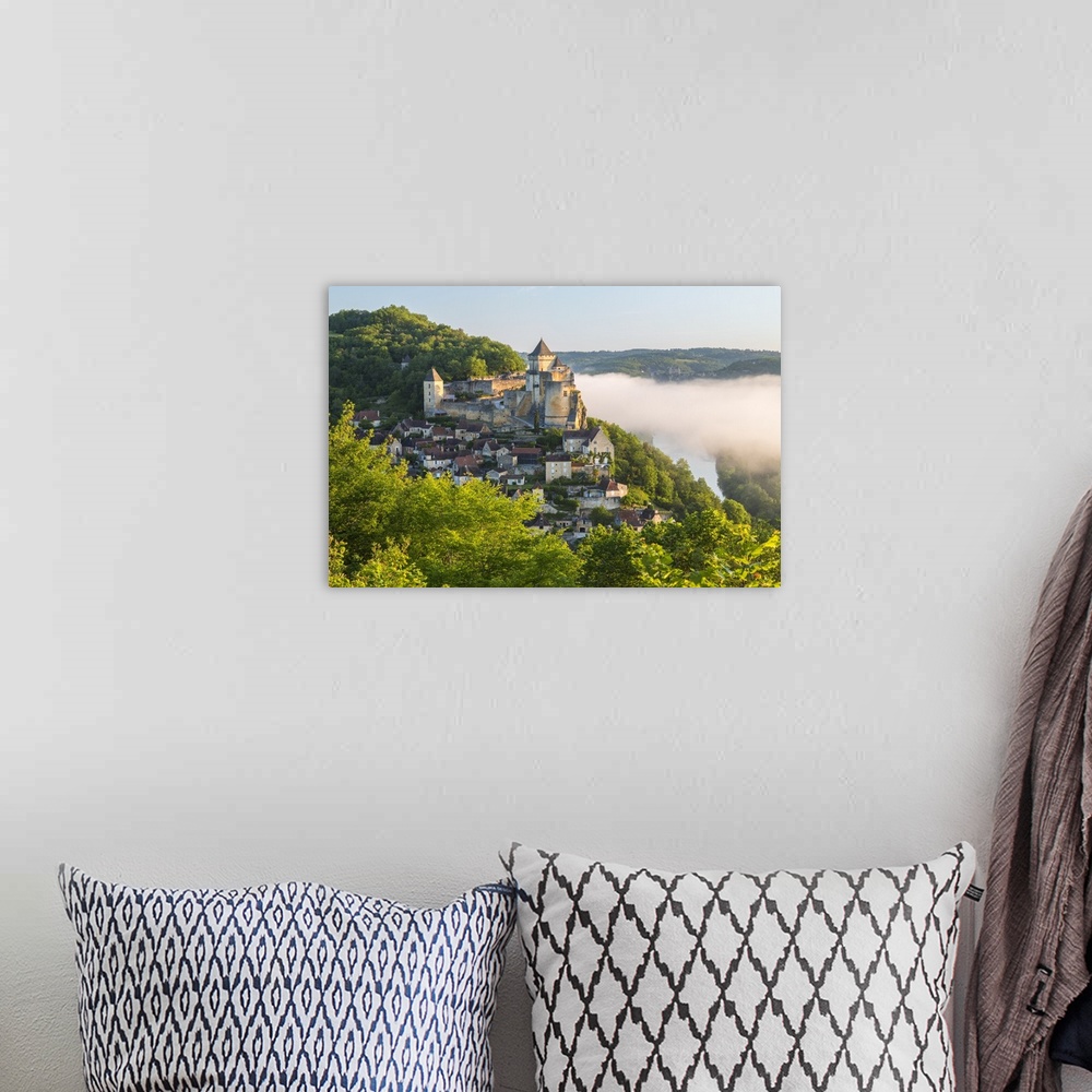 A bohemian room featuring Early morning mist, Chateau de Castelnaud, Castelnaud, Dordogne, Aquitaine, France.