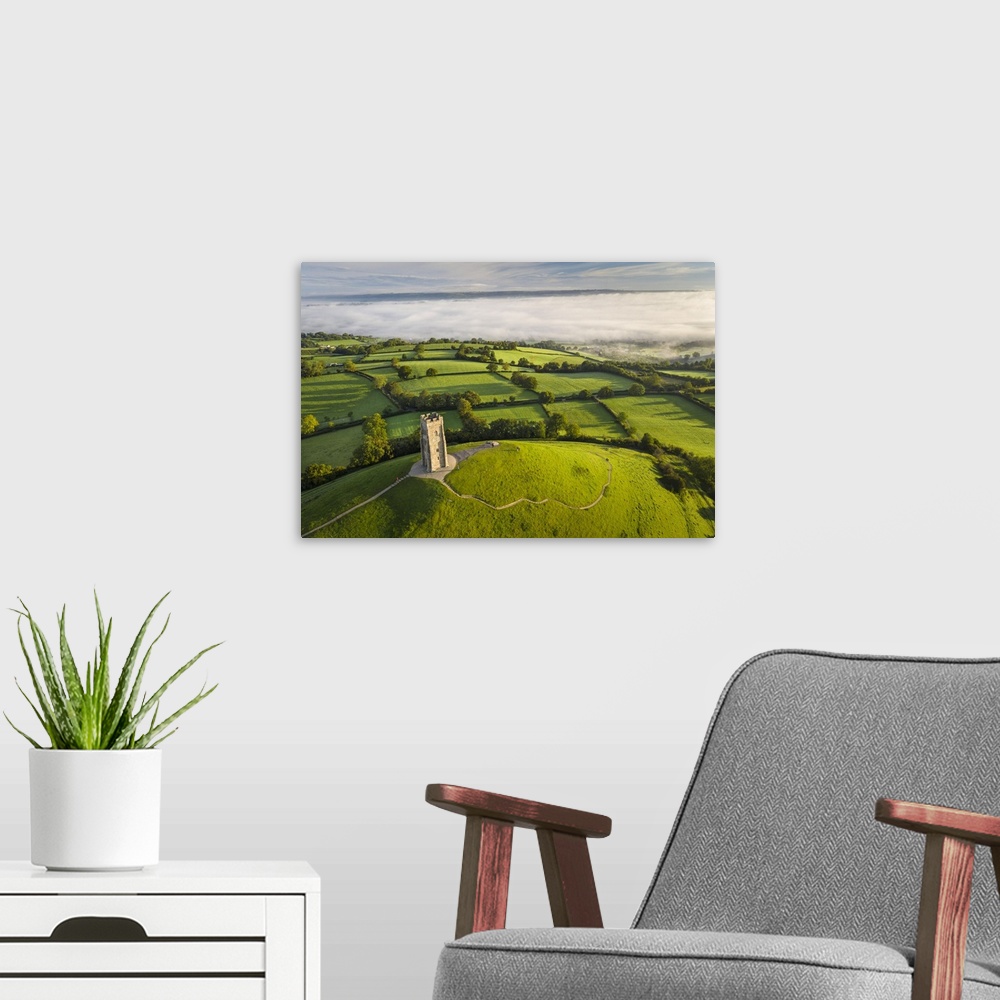 A modern room featuring Early morning mists at St Michael's Tower on Glastonbury Tor in Somerset, England. Autumn (Septem...