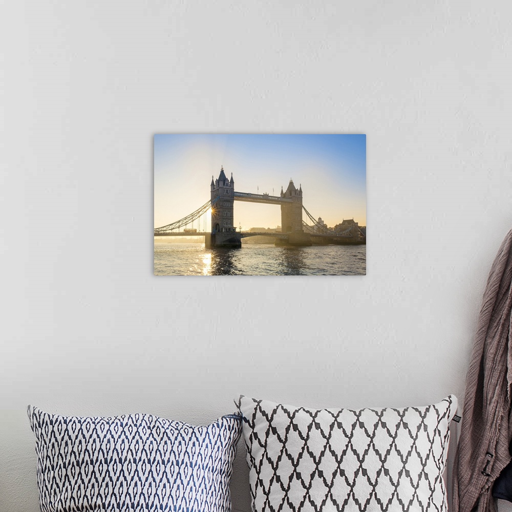 A bohemian room featuring United Kingdom, England, London. Early morning sun rising behind Tower Bridge over the River Thames.