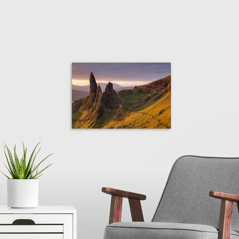 A modern room featuring Early morning sunlight at the Old Man of Storr on the Isle of Skye, Scotland. Autumn