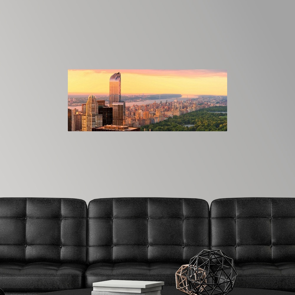 A modern room featuring USA, East Coast, New York, Manhattan, view from Top of the rock, looking up the Hudson river past...