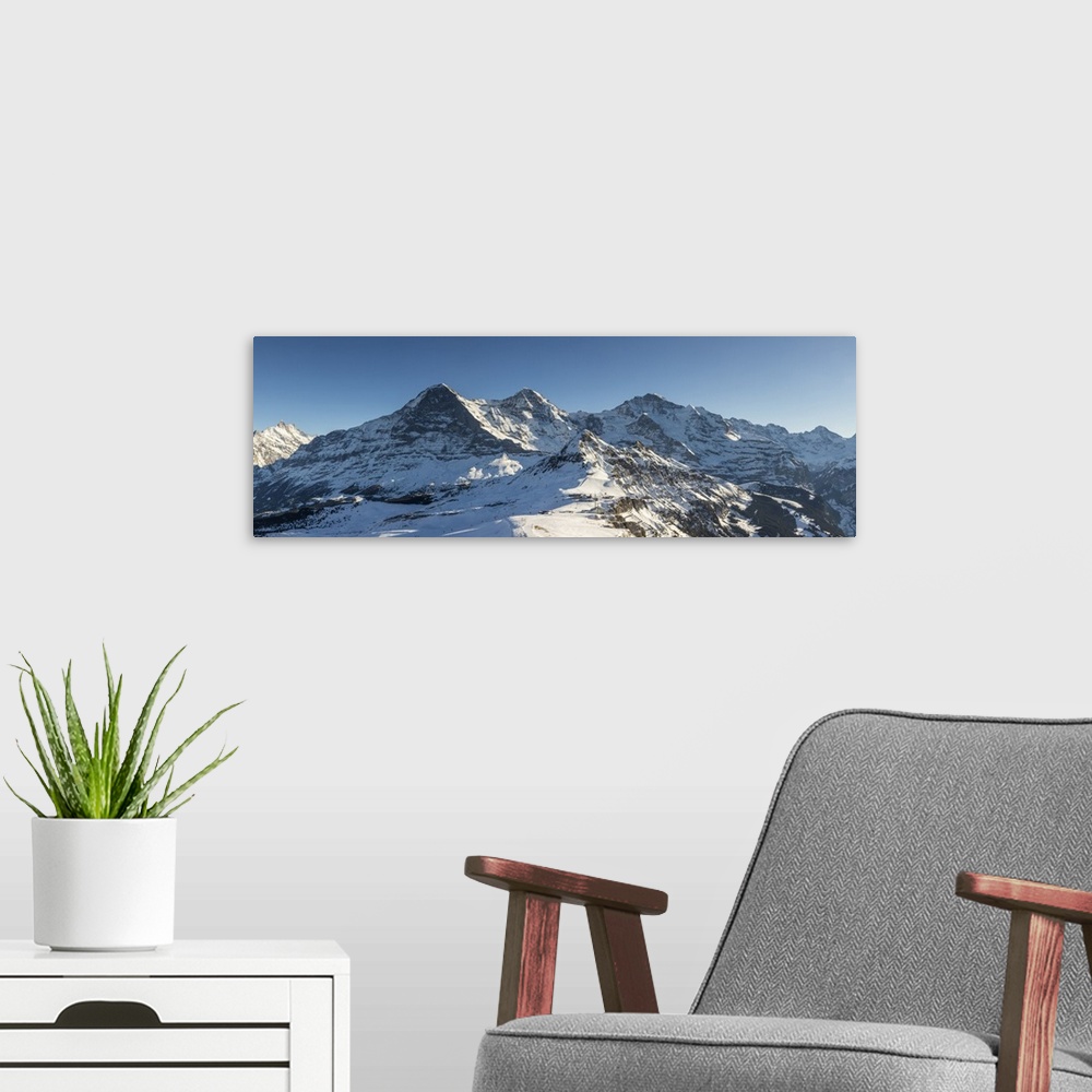 A modern room featuring Eger, Monch, Jungfrau from Mannlichen, Jungfrau Region, Berner Oberland, Switzerland.