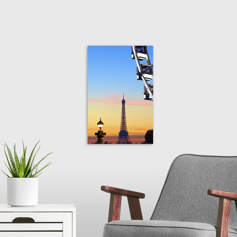 A modern room featuring Eiffel Tower From Place De La Concorde With Big Wheel In Foreground, Paris, France, Western Europe.