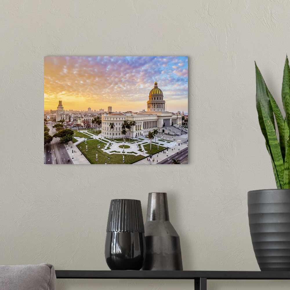 A modern room featuring El Capitolio at sunset, elevated view, Havana, La Habana Province, Cuba