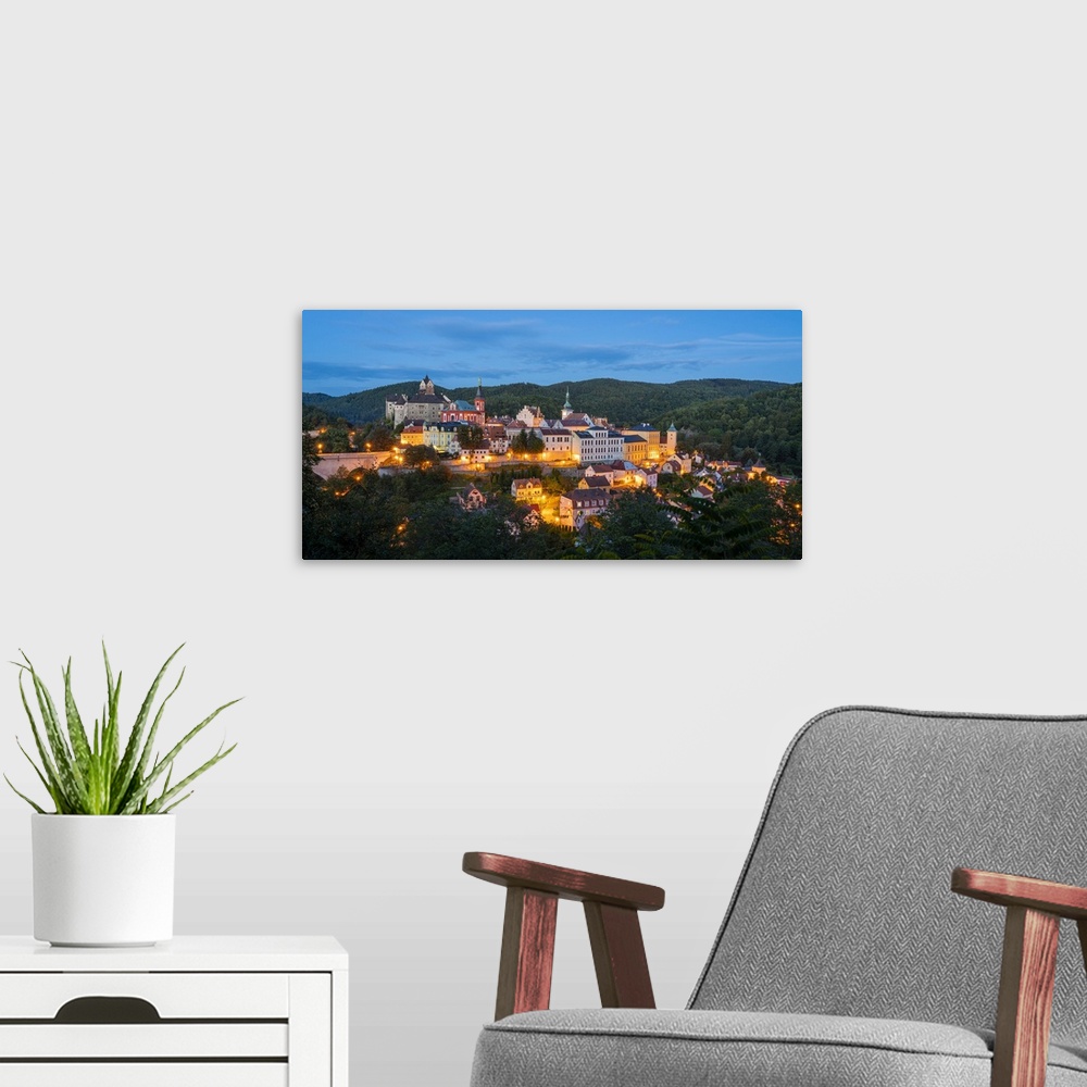 A modern room featuring Elevated scenic view of Loket at night, Loket, Sokolov District, Karlovy Vary Region, Bohemia, Cz...