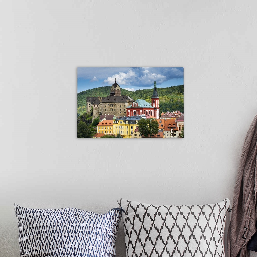 A bohemian room featuring Elevated scenic view of Loket Castle and St. Wenceslas Church, Loket, Sokolov District, Karlovy V...