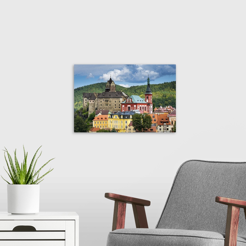 A modern room featuring Elevated scenic view of Loket Castle and St. Wenceslas Church, Loket, Sokolov District, Karlovy V...