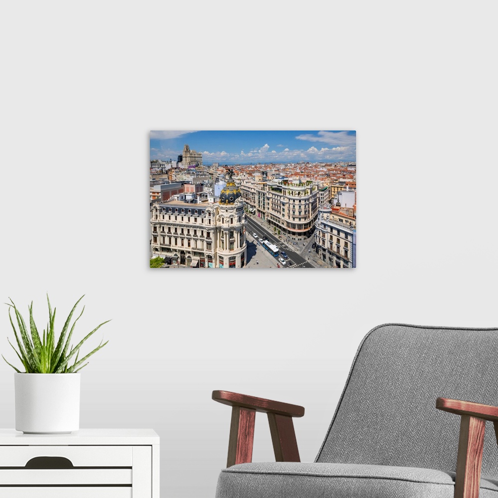 A modern room featuring Elevated View of Metropolis Building, Grand Via and Madrid, Madrid, Spain.