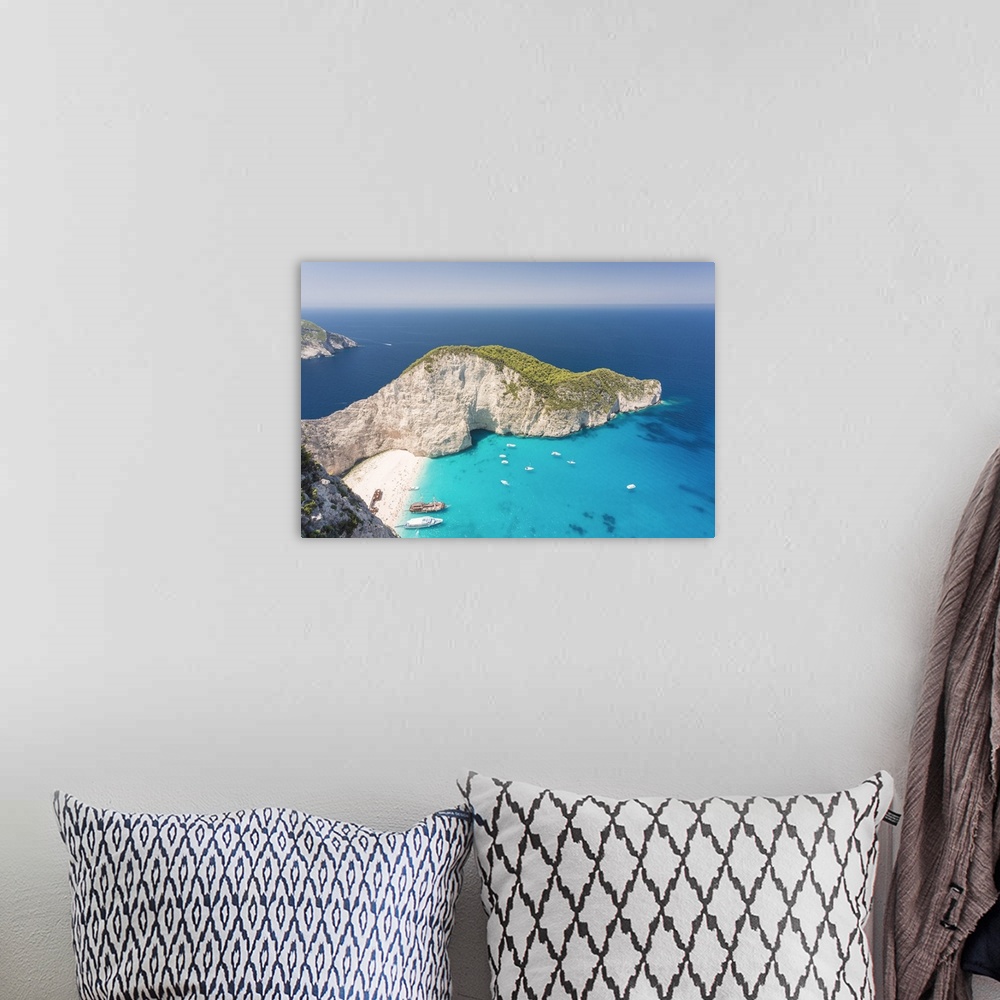 A bohemian room featuring Elevated view of Navagio beach, also known as Shipwreck Beach, Zakynthos, Ionian islands, Greece,...