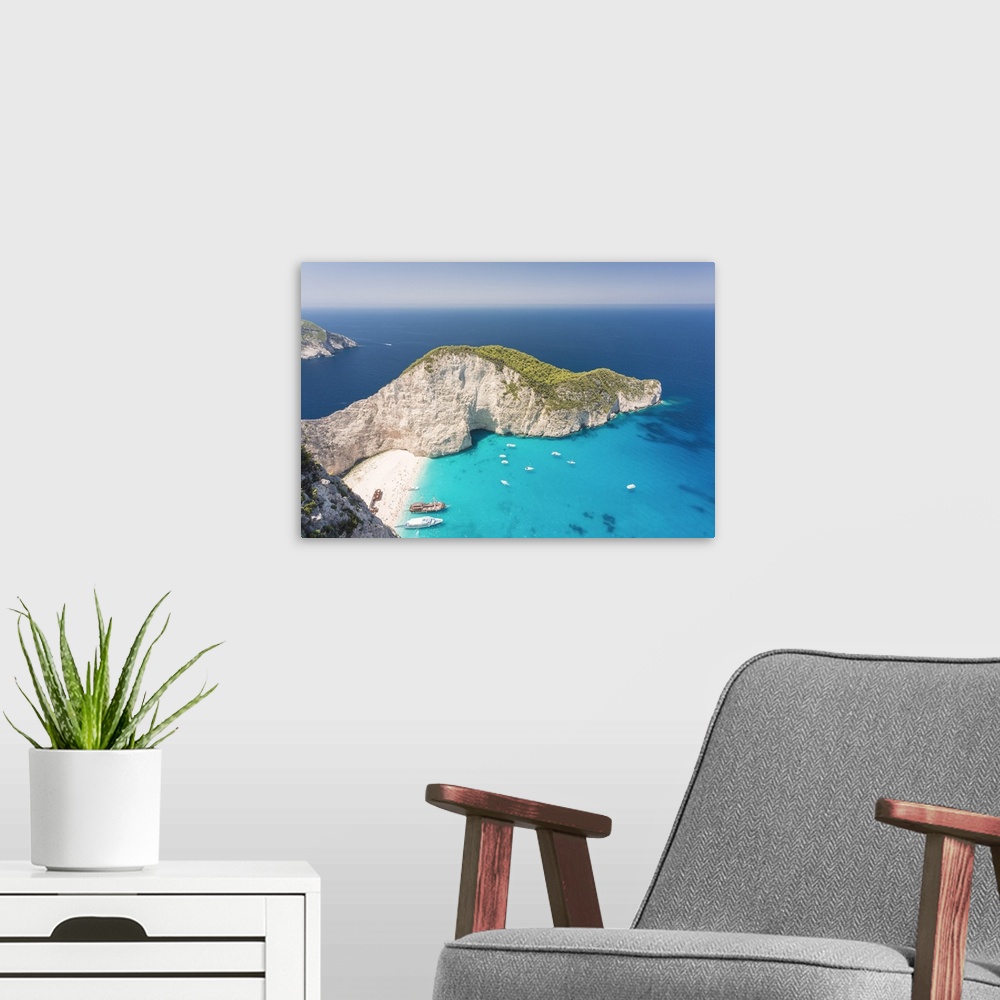 A modern room featuring Elevated view of Navagio beach, also known as Shipwreck Beach, Zakynthos, Ionian islands, Greece,...