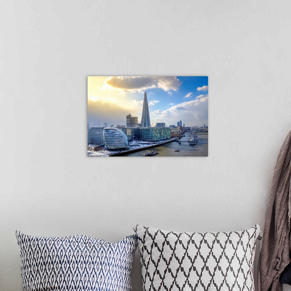 A bohemian room featuring United Kingdom, England, London, Elevated View Of The Shard, City Hall And The Thames Path In The...