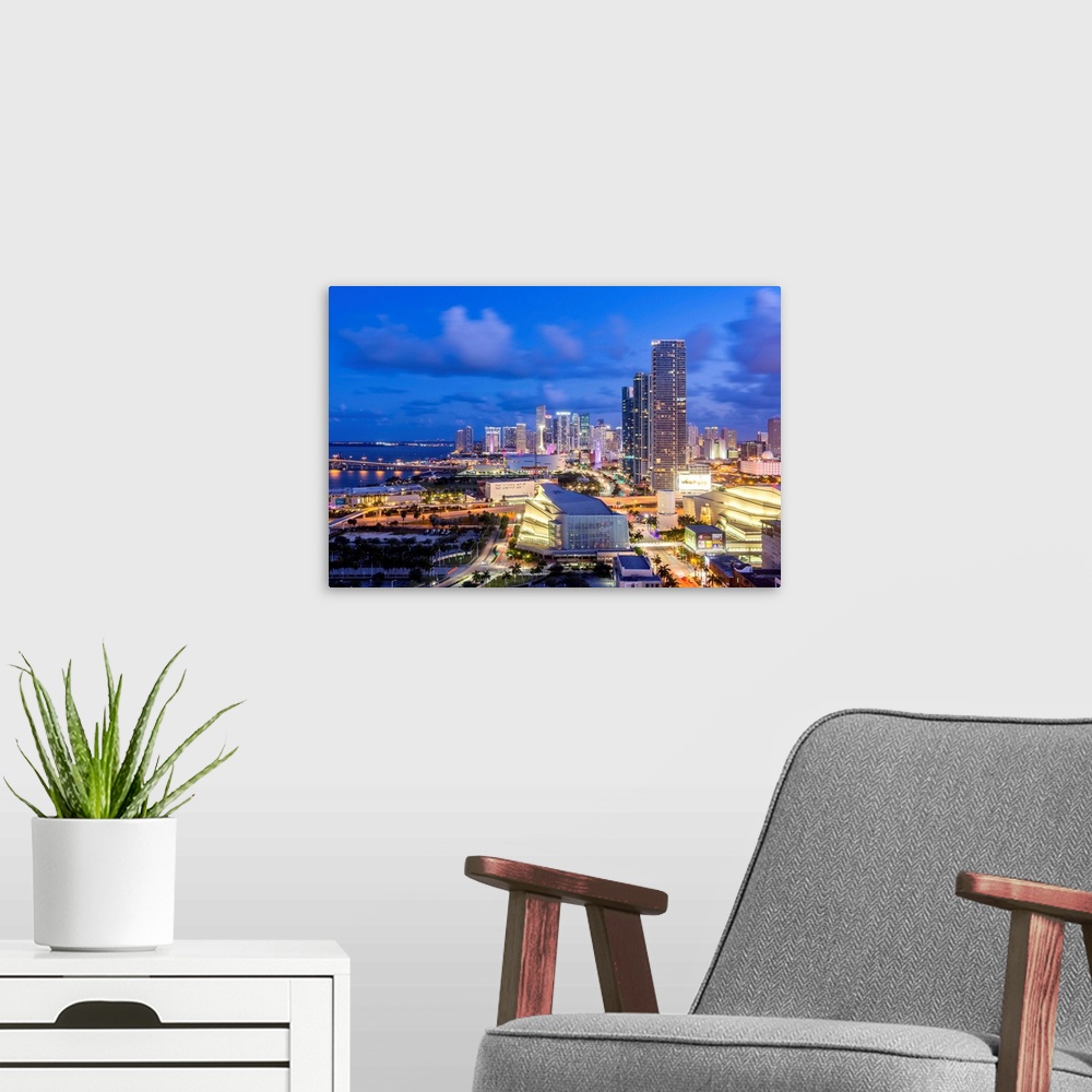 A modern room featuring Elevated view over Biscayne Boulevard and the skyline of Miami, Florida, USA.
