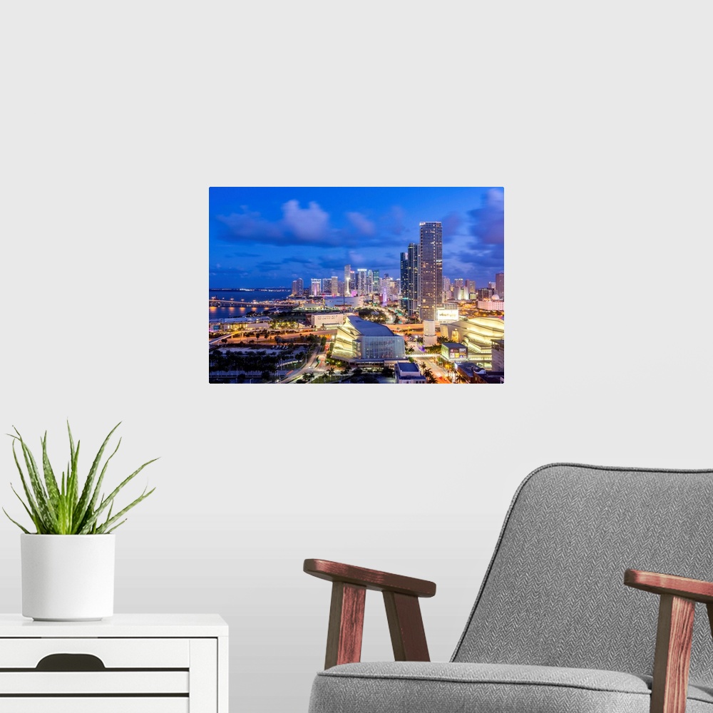 A modern room featuring Elevated view over Biscayne Boulevard and the skyline of Miami, Florida, USA.