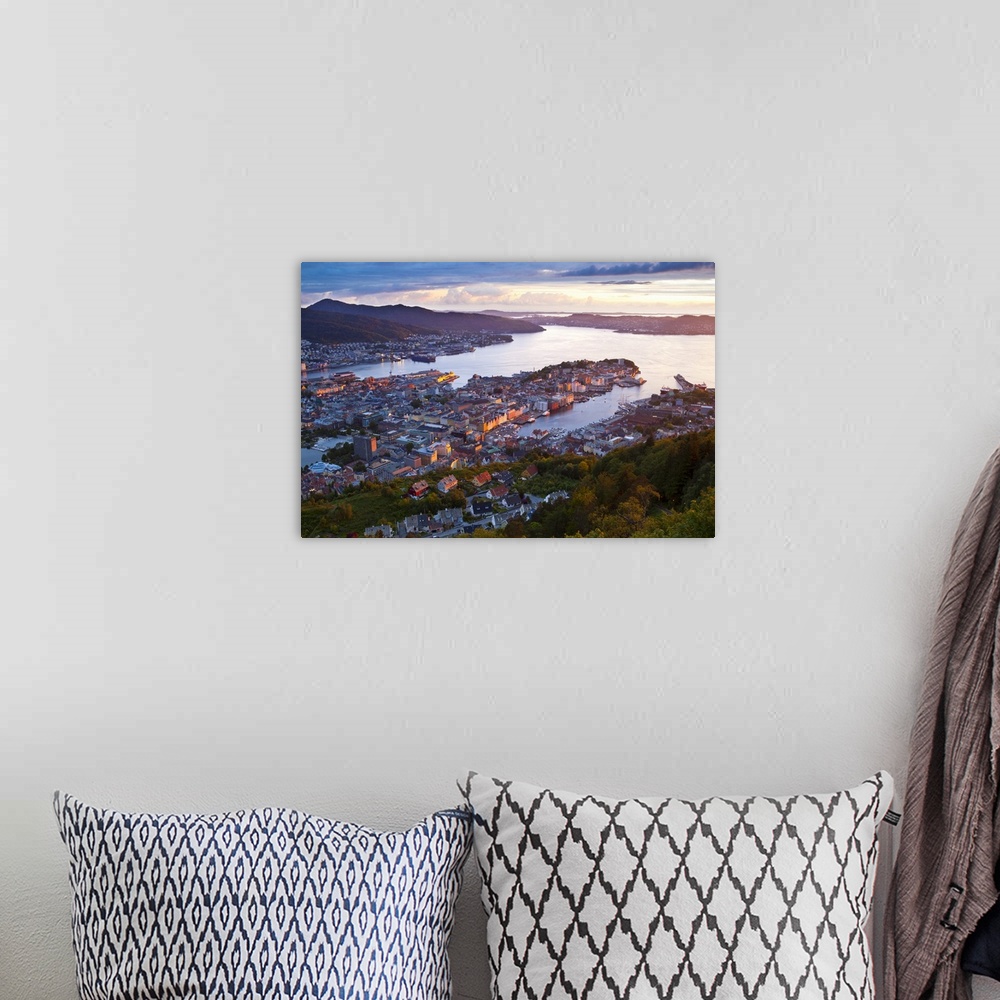 A bohemian room featuring Elevated view over central Bergen illuminated at sunset, Bergen, Hordaland, Norway