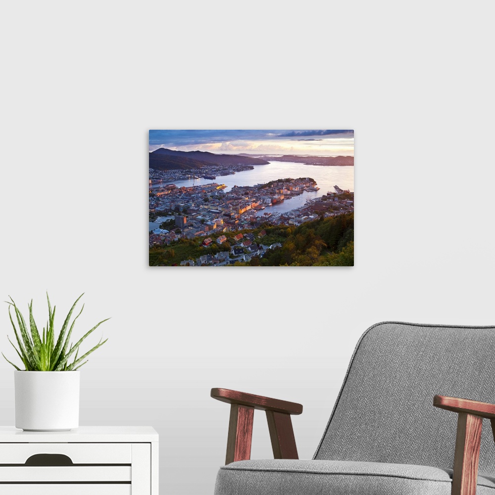 A modern room featuring Elevated view over central Bergen illuminated at sunset, Bergen, Hordaland, Norway