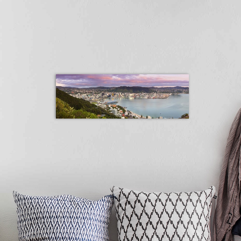 A bohemian room featuring Elevated view over central Wellington illuminated at sunrise, Wellington, North Island, New Zealand