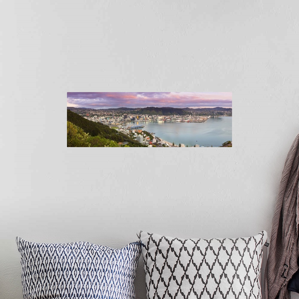 A bohemian room featuring Elevated view over central Wellington illuminated at sunrise, Wellington, North Island, New Zealand