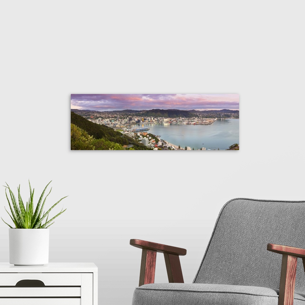 A modern room featuring Elevated view over central Wellington illuminated at sunrise, Wellington, North Island, New Zealand