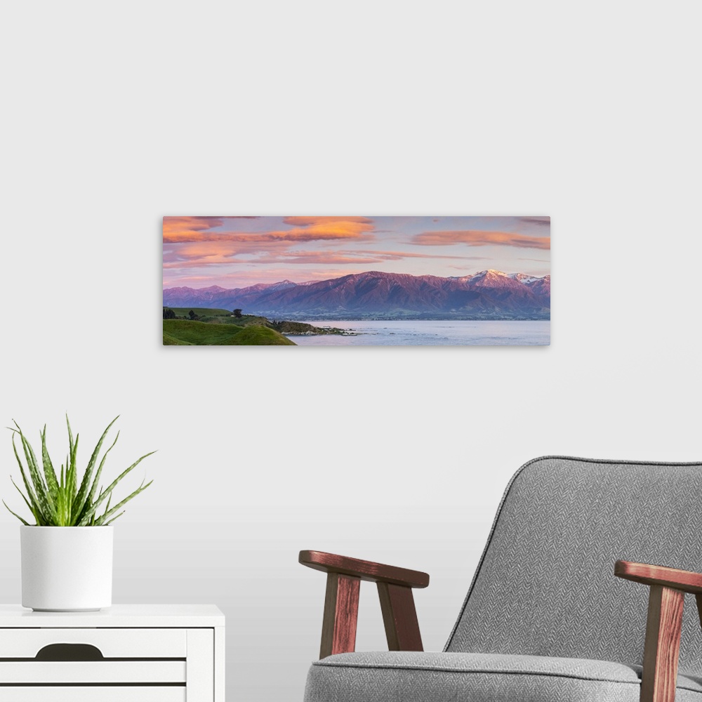 A modern room featuring Elevated view over dramatic landscape illuminated at sunrise, Kaikoura, South Island, New Zealand