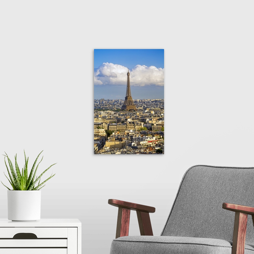 A modern room featuring Elevated view over the city with the Eiffel Tower in the distance, Paris, France, Europe.