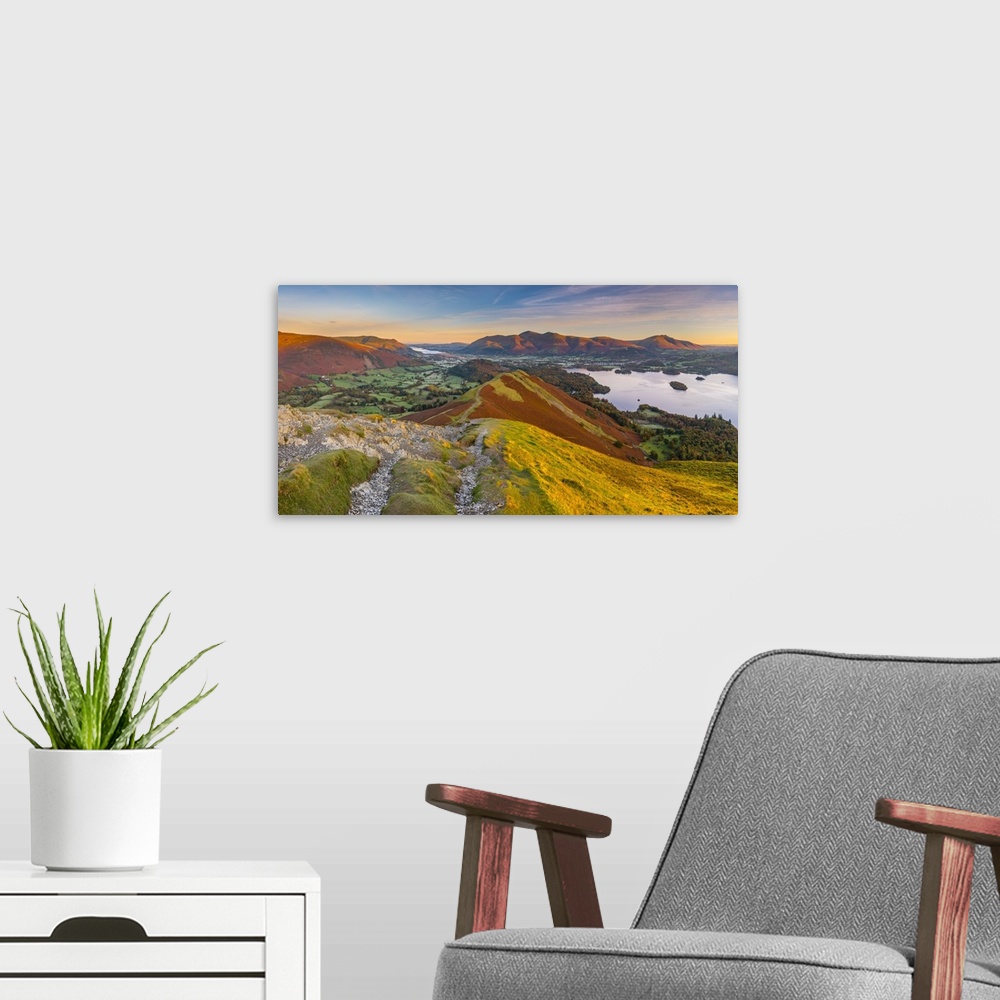A modern room featuring UK, England, Cumbria, Lake District, Derwentwater, Skiddaw and Blencathra mountains above Keswick...