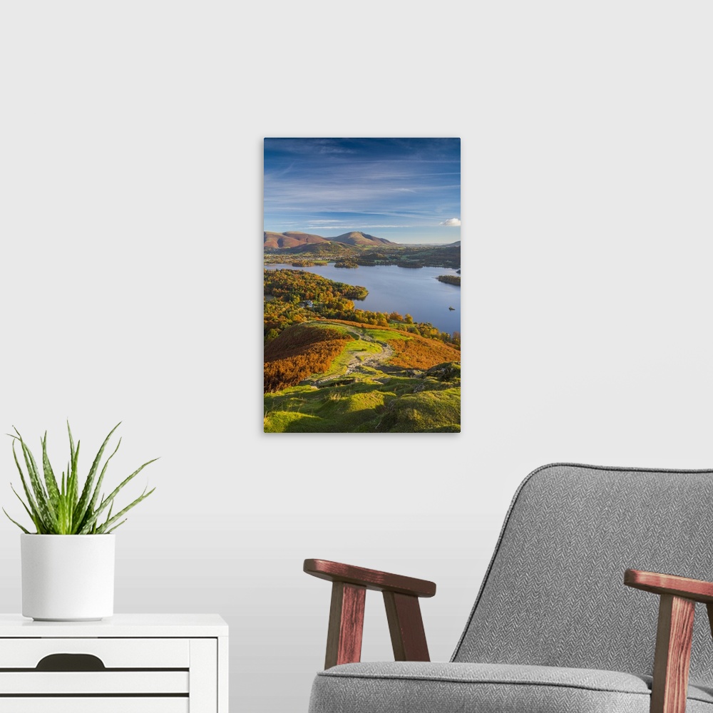 A modern room featuring UK, England, Cumbria, Lake District, Derwentwater, Blencathra mountain above Keswick.