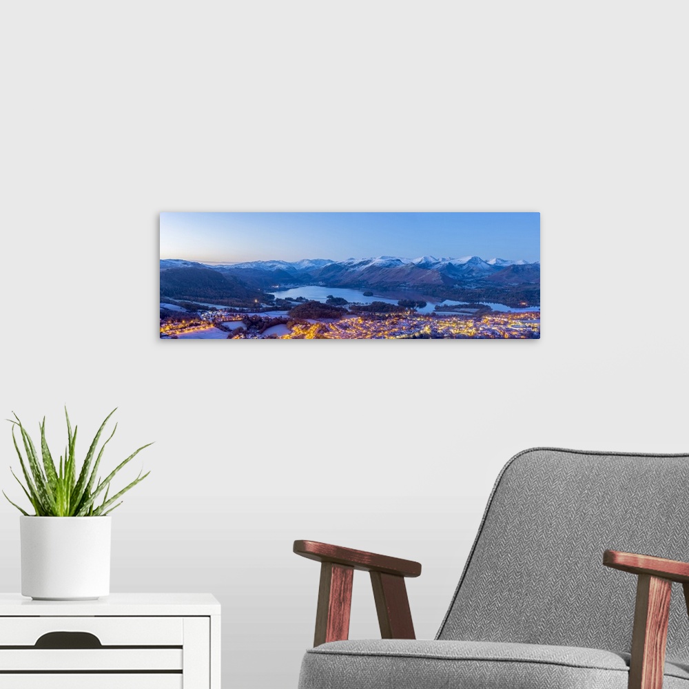 A modern room featuring UK, England, Cumbria, Lake District, Keswick and Derwentwater at night.