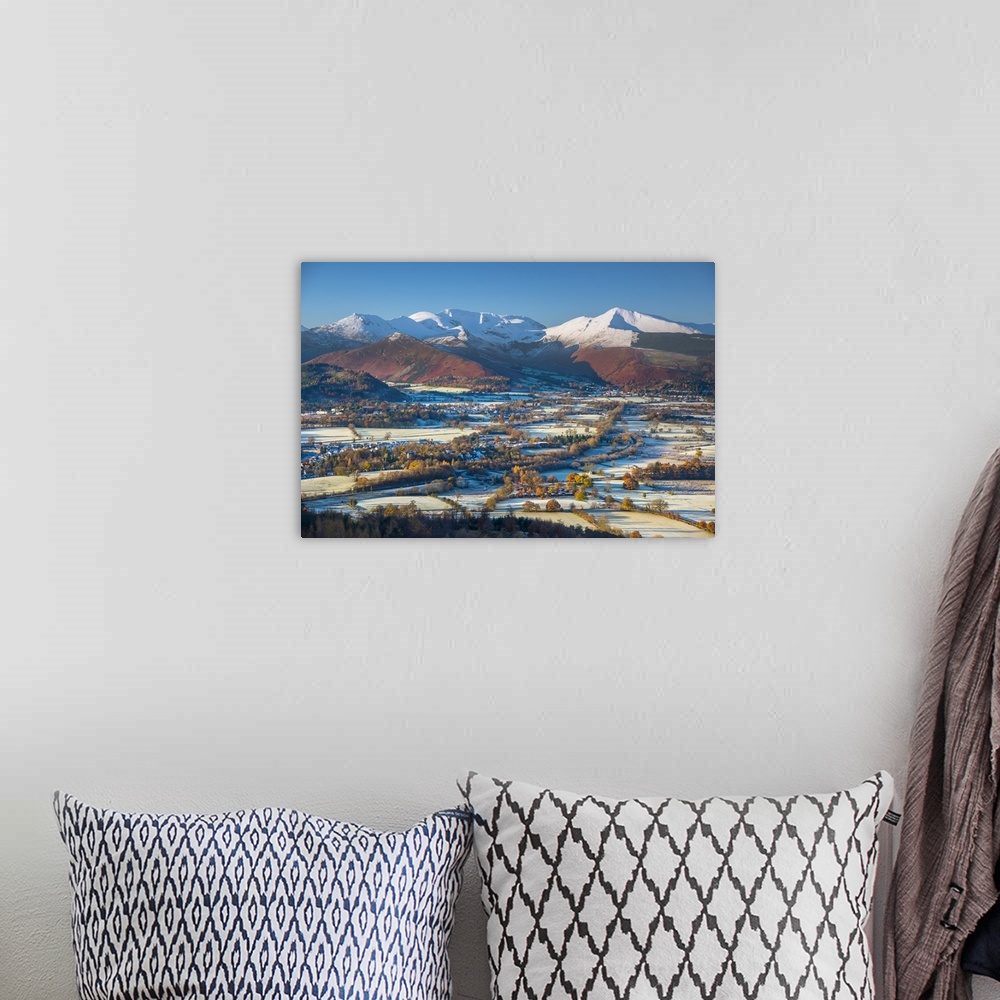 A bohemian room featuring UK, England, Cumbria, Lake District, Keswick, frosty valley floor north of Keswick.
