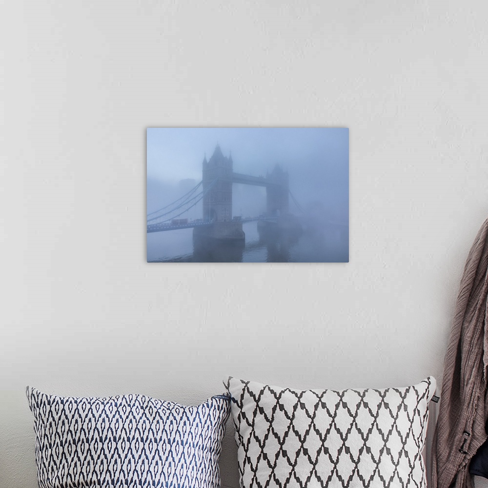 A bohemian room featuring England, London, River Thames and Tower Bridge in the Early Morning Mist