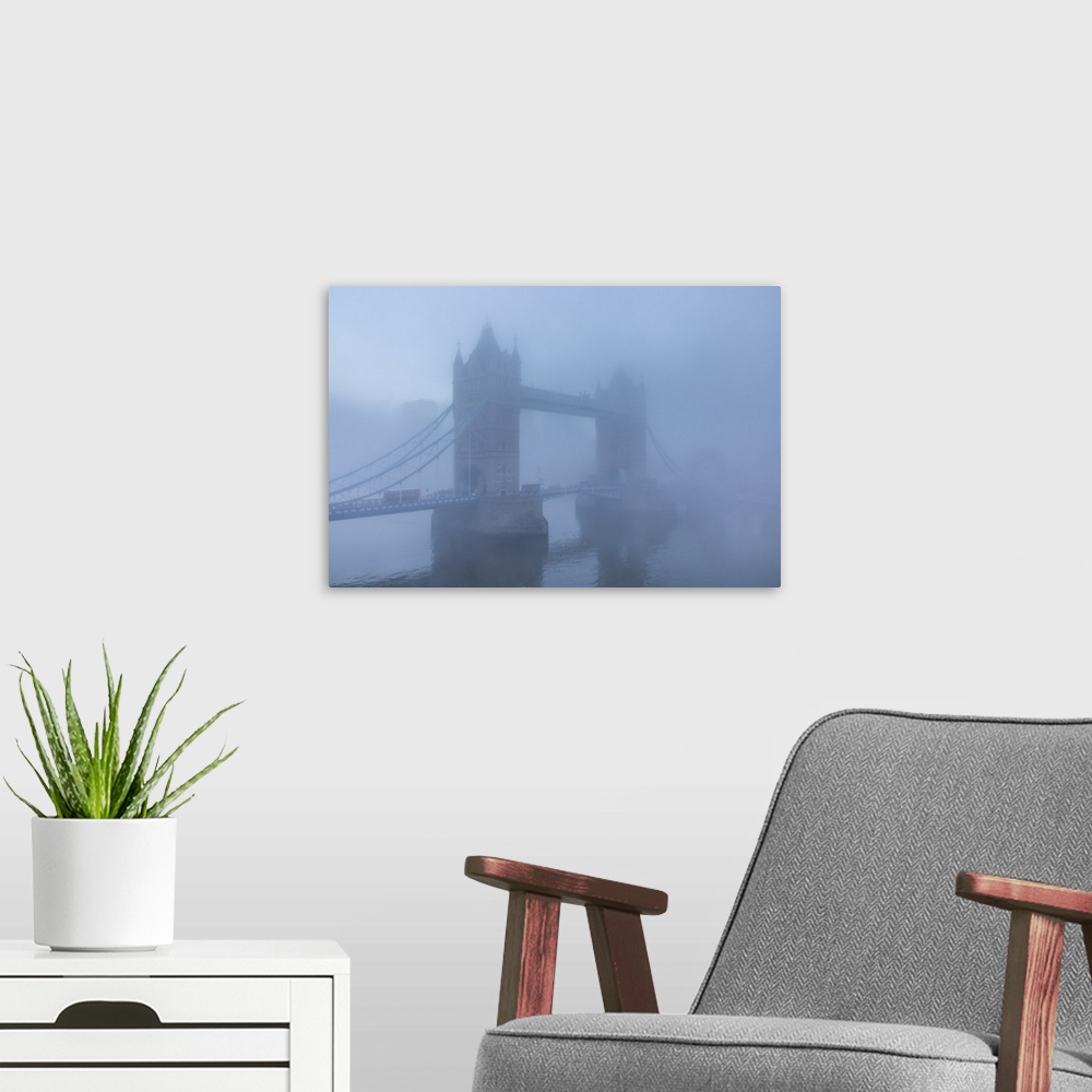 A modern room featuring England, London, River Thames and Tower Bridge in the Early Morning Mist