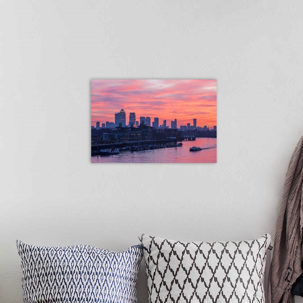 A bohemian room featuring England, London, Sunrise Over Docklands and Canary Wharf.