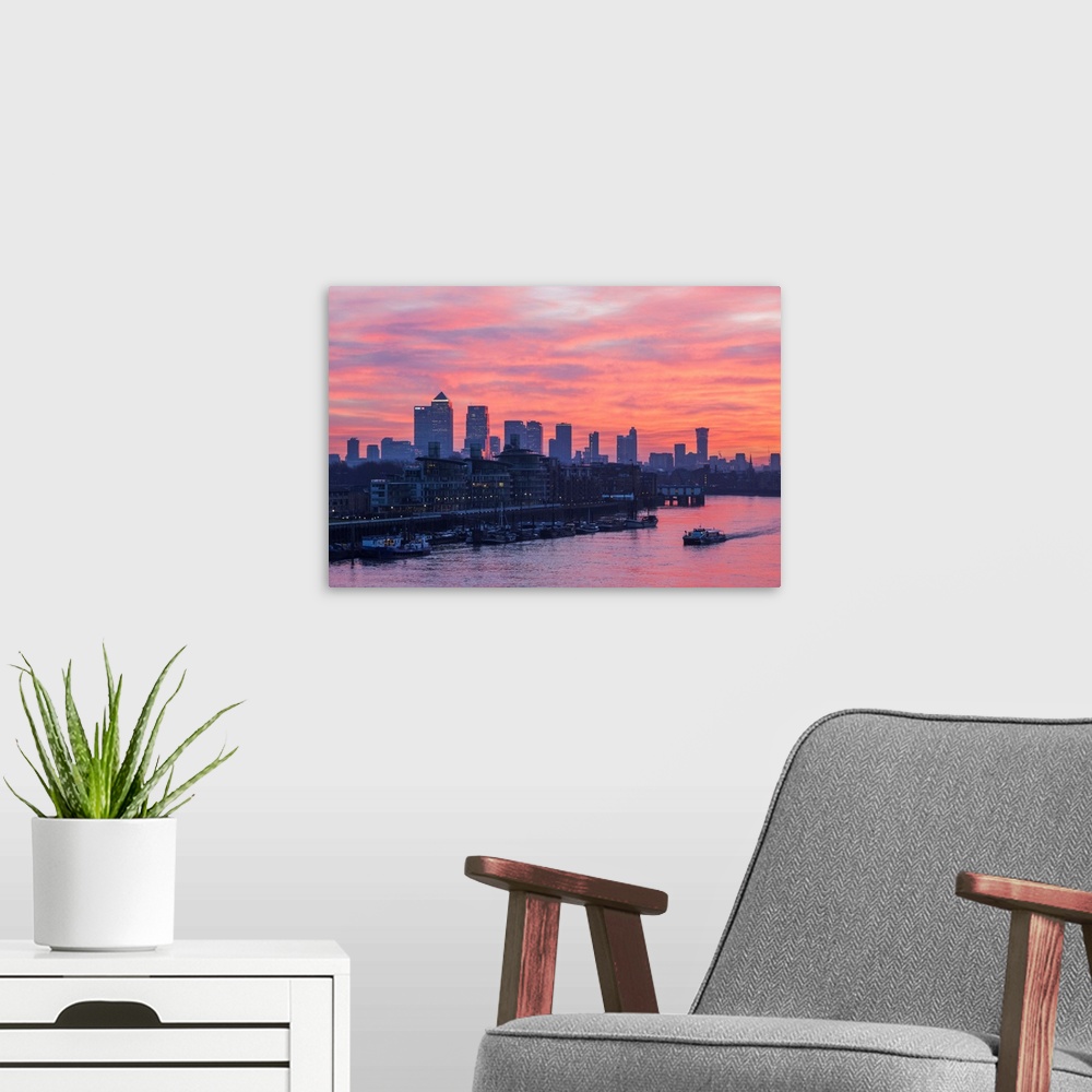 A modern room featuring England, London, Sunrise Over Docklands and Canary Wharf.