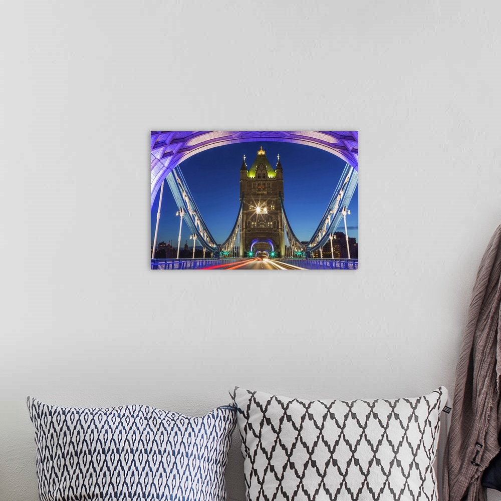 A bohemian room featuring England, London, Tower Bridge with Empty Road at Night