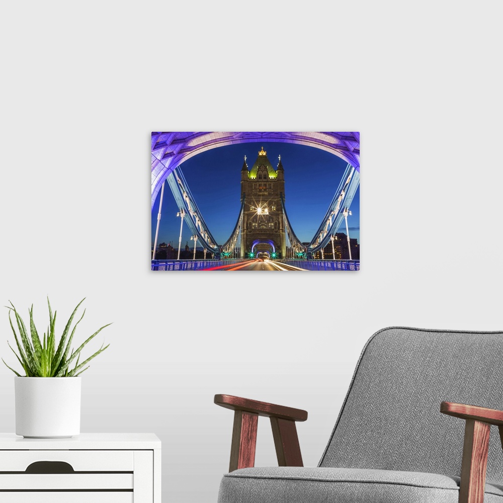 A modern room featuring England, London, Tower Bridge with Empty Road at Night