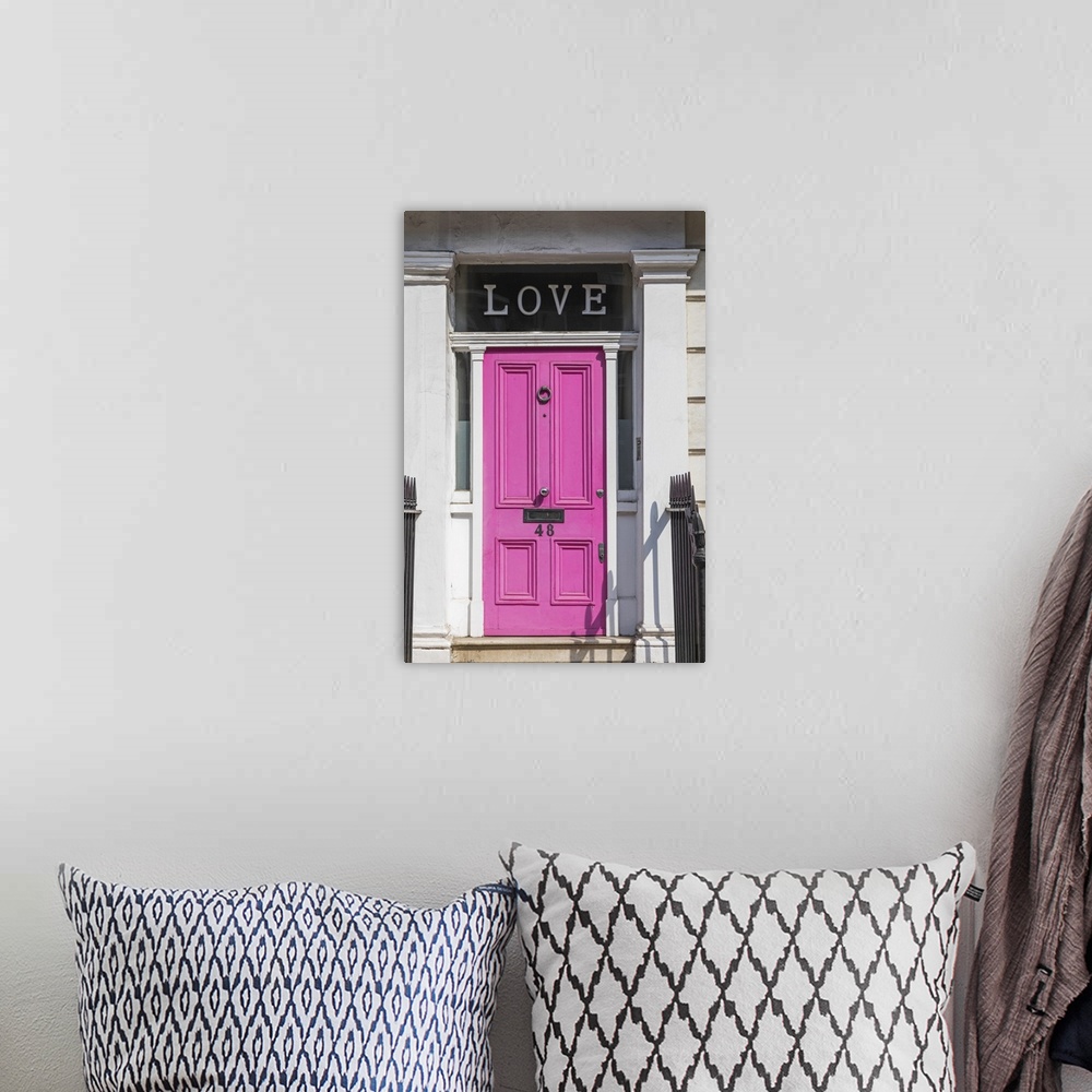 A bohemian room featuring England, London, Westminster, Kensington and Chelsea, Pink Door with Love Sign