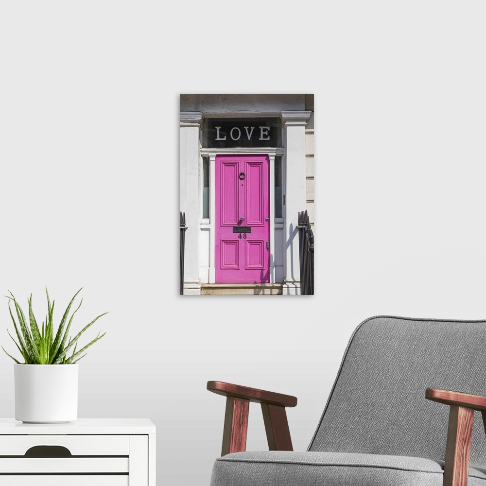 A modern room featuring England, London, Westminster, Kensington and Chelsea, Pink Door with Love Sign