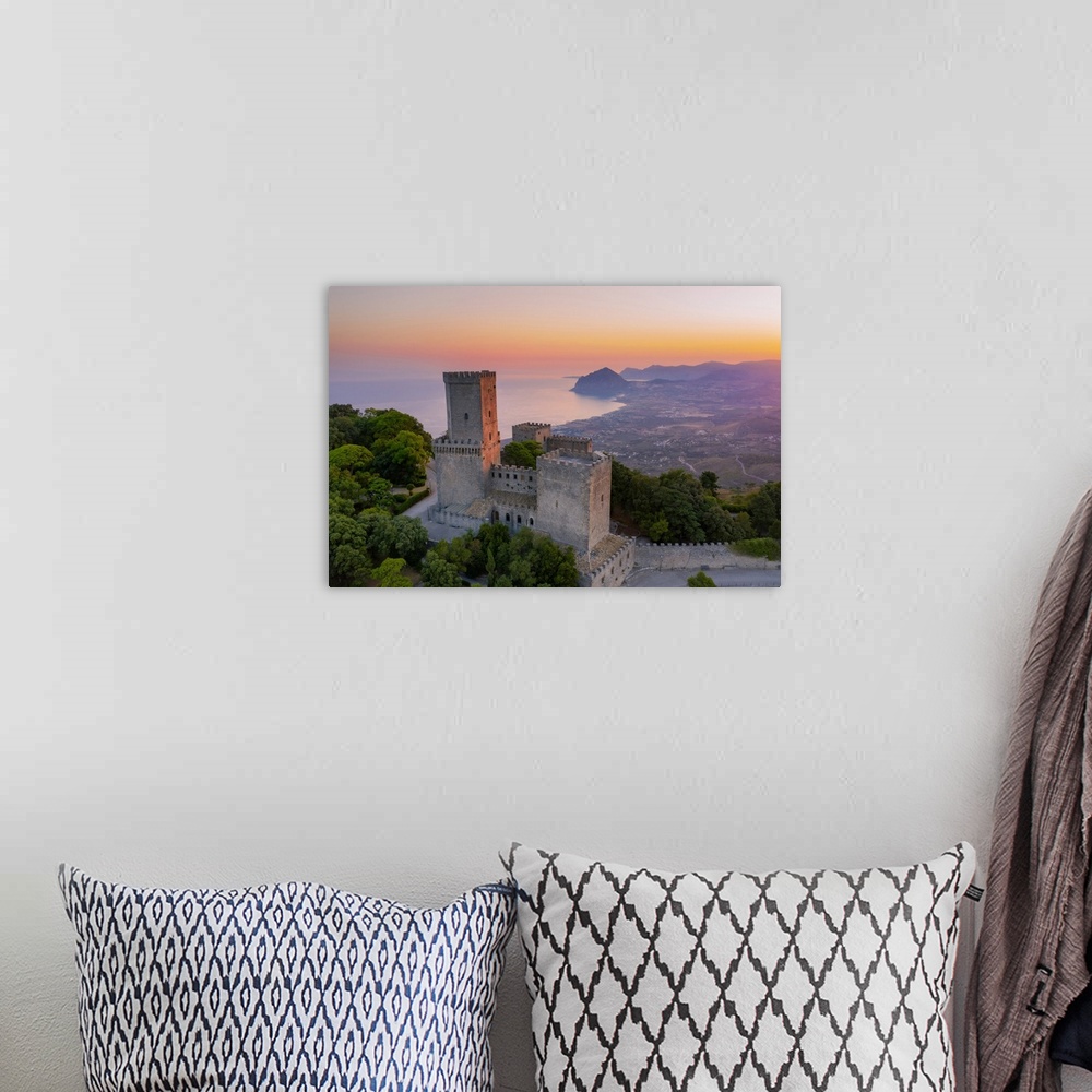 A bohemian room featuring Erice, Sicily. The Norman castle at sunrise, view towards Monte Cofano and Riserva dello Zingaro ...