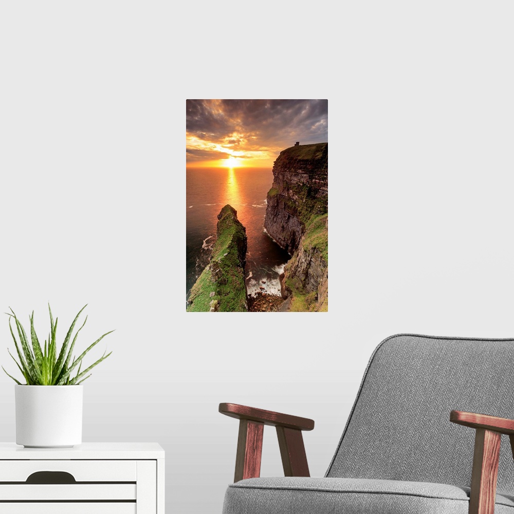 A modern room featuring Europe, Ireland, Clare county, Cliffs of Moher at sunset