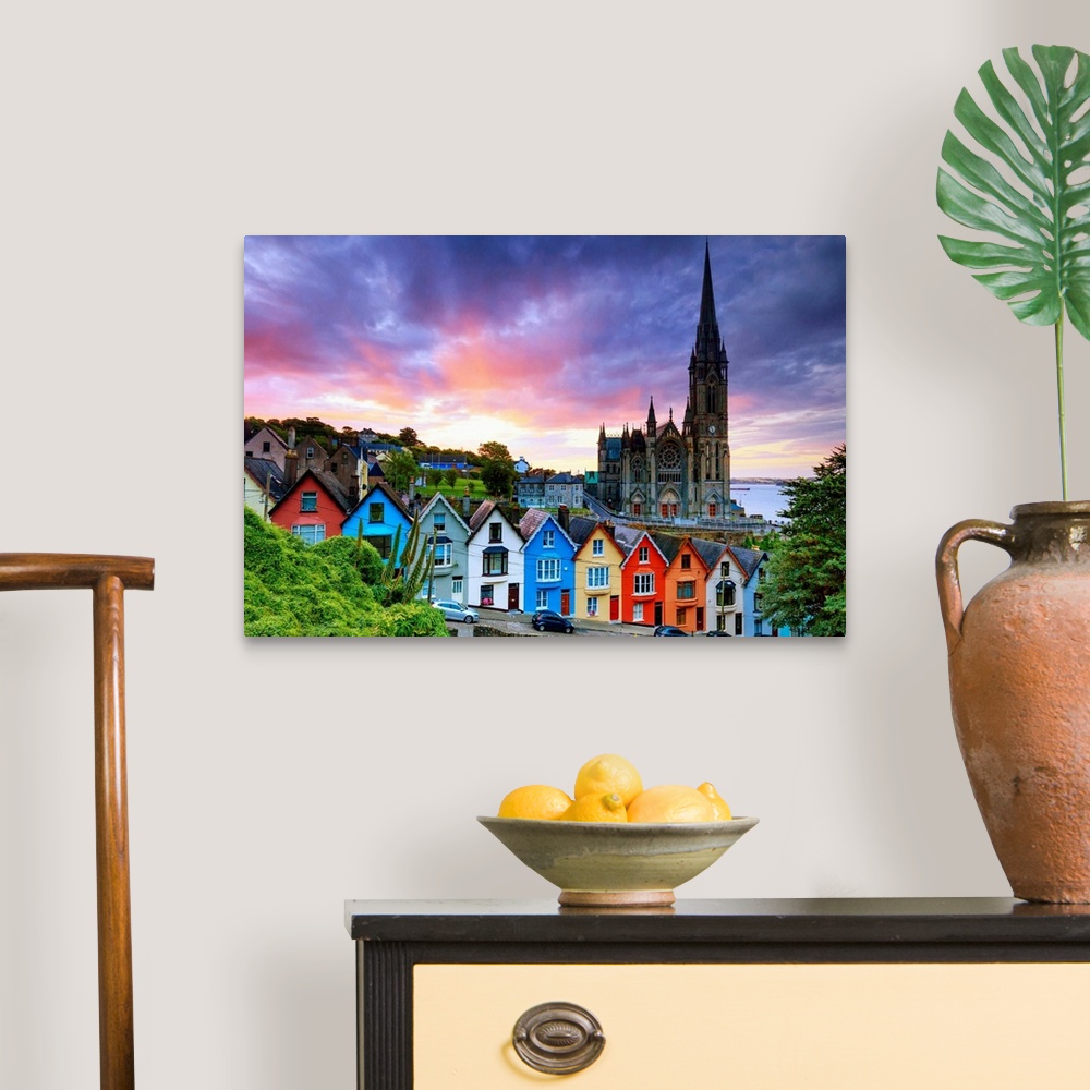 A traditional room featuring Europe, Ireland, Cork, Cobh Cathedral at colored houses at sunrise