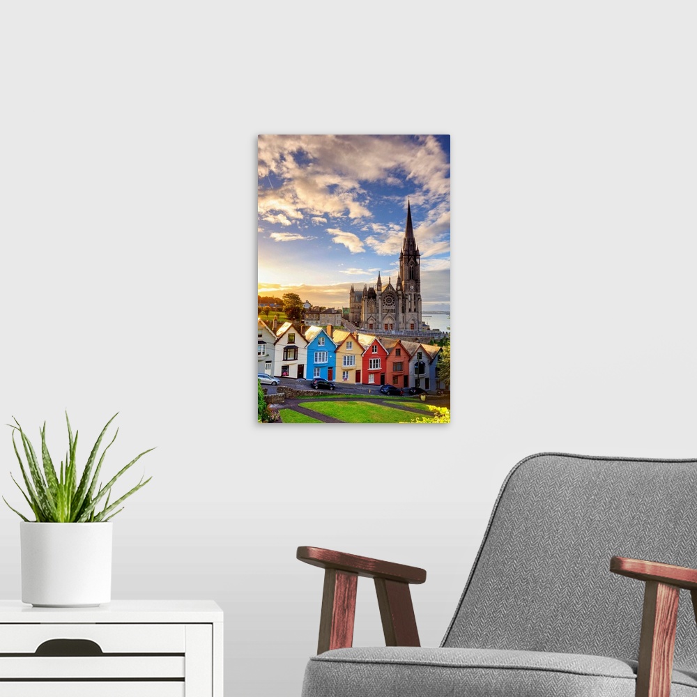 A modern room featuring Europe, Ireland, Cork, Cobh Cathedral at colored houses at sunrise