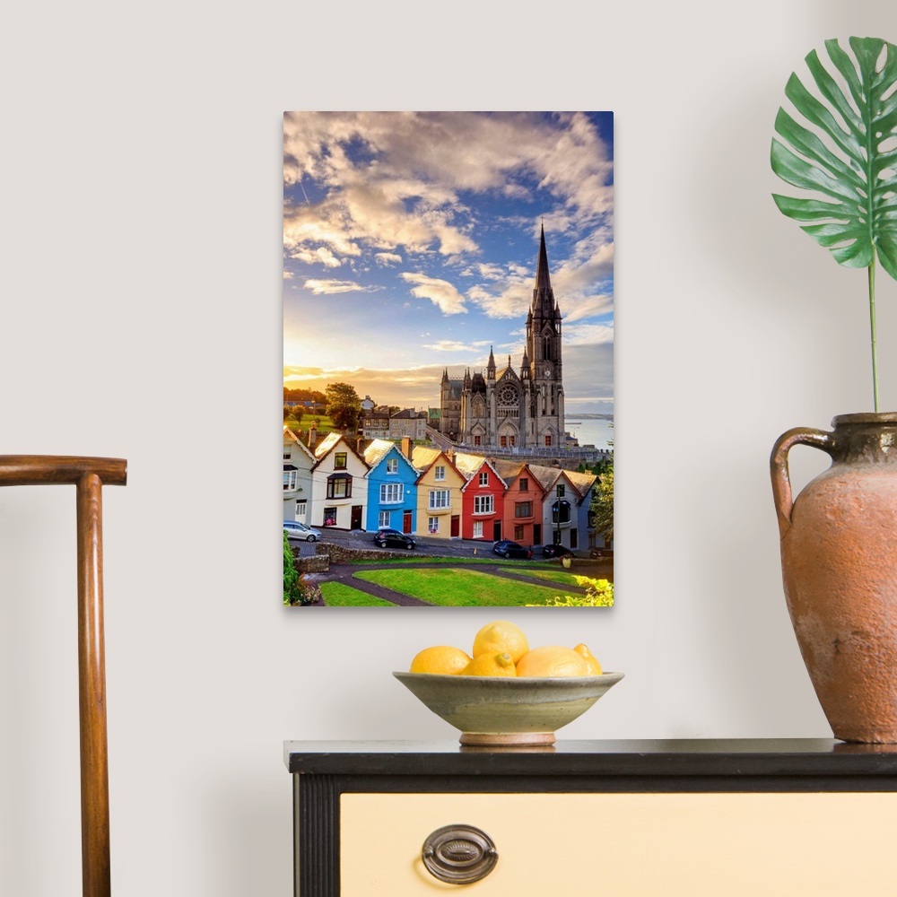 A traditional room featuring Europe, Ireland, Cork, Cobh Cathedral at colored houses at sunrise