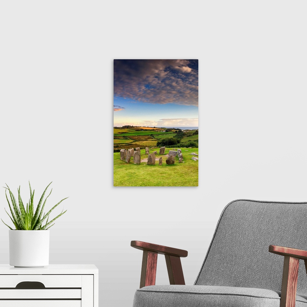 A modern room featuring Europe, Ireland, Cork county, Drombeg stone circle at sunset