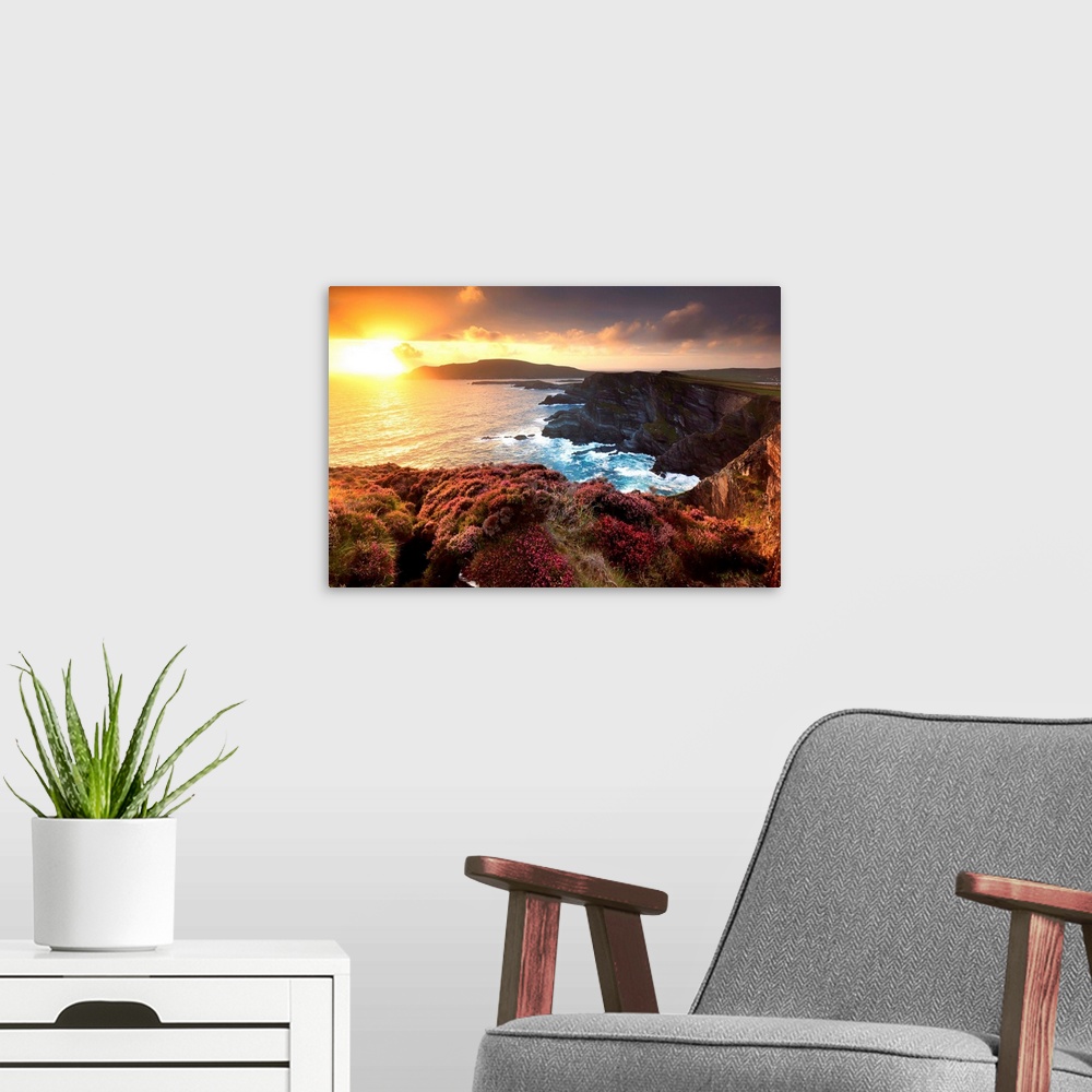 A modern room featuring Europe, Ireland, Portmagee cliffs at sunset along the Ring of Kerry