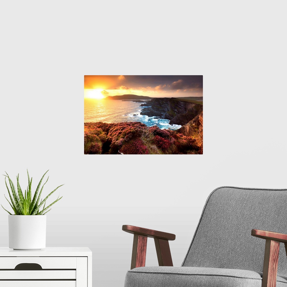 A modern room featuring Europe, Ireland, Portmagee cliffs at sunset along the Ring of Kerry