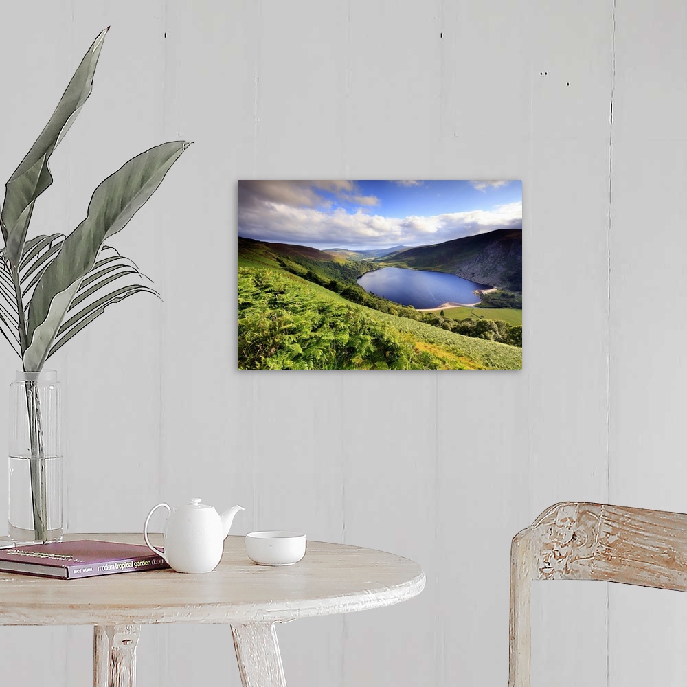 A farmhouse room featuring Europe, Ireland, Wicklow, blue lake near Sally's Gap at sunset
