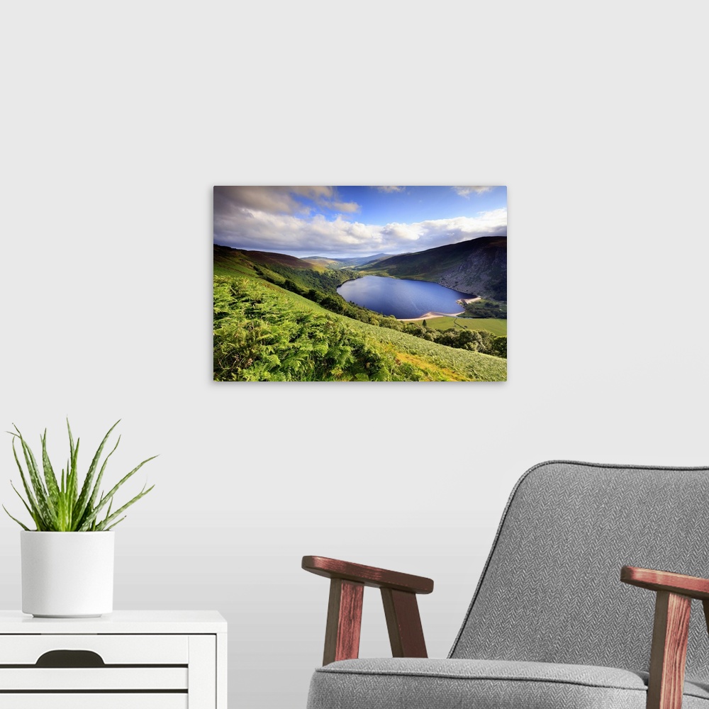A modern room featuring Europe, Ireland, Wicklow, blue lake near Sally's Gap at sunset